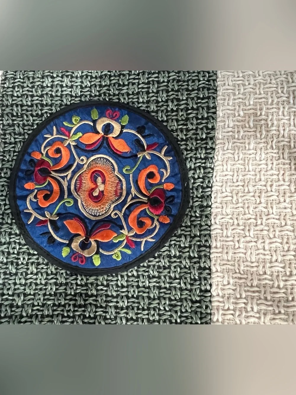 VTG Chinese 6-Ft Silk Embroidered Table Runner Woven Tweed & Solid Linen Back